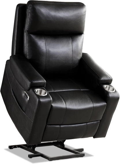 Triple Motor Power Lift Recliner Chair with Adjustable Lumbar Support, Lay Flat Recliner for Elderly, Breathable Black Lift Chair Leather Recliner, Massage & Heating, USB Ports, Cup Holders