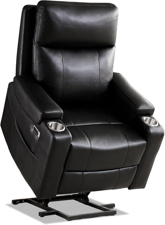 Triple Motor Power Lift Recliner Chair with Adjustable Lumbar Support, Lay Flat Recliner for Elderly, Breathable Black Lift Chair Leather Recliner, Massage & Heating, USB Ports, Cup Holders