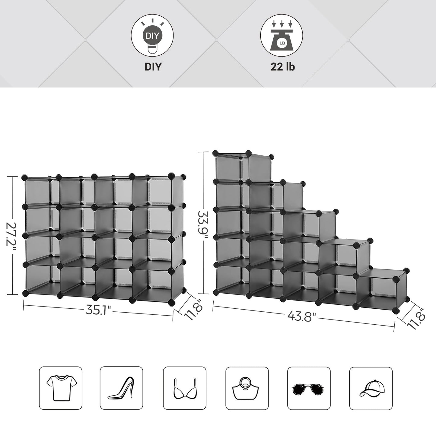 SONGMICS Shoe Rack with 16 Cubes, Interlocking Plastic Shoe Organizer, DIY Storage Cabinet for