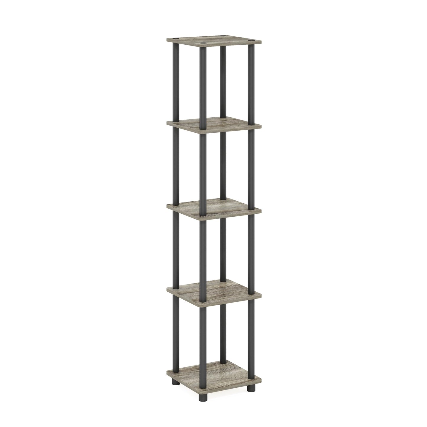 FURINNO Turn-N-Tube 5-Tier Corner Square Rack Display Shelf, Round, French Oak Grey/Black