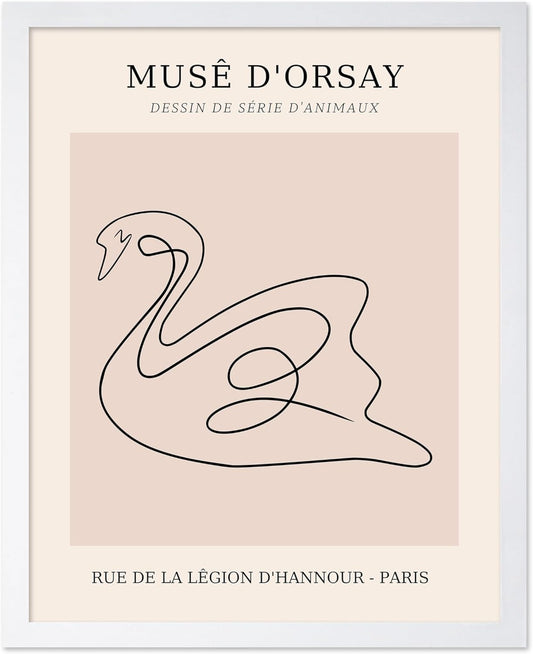 Poster Master Vintage Poster - Retro One Line Swan Drawing Print - Swan Art - Bird Art - Minimal Gift for Her, Animal Lover - Abstract Decor for Home, Office, Bedroom, 16x20 White Framed