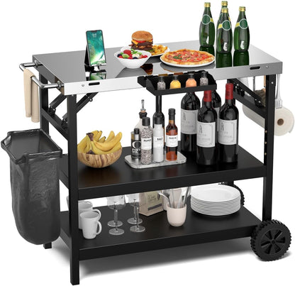 ERGOMASTER Grill Table Cart, Outdoor Kitchen Island with 4-Position Adjustable Shelf, Stainless Steel Serving Cart for Patio Garden