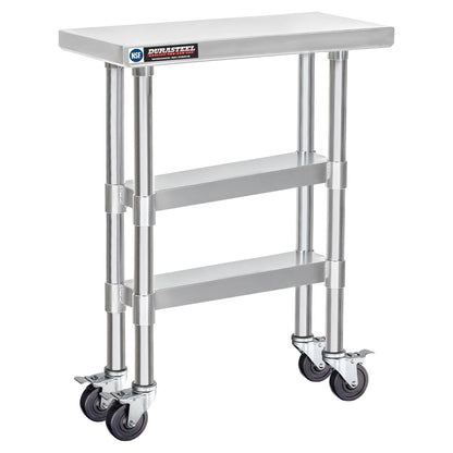 DuraSteel Stainless Steel Work Table 30" x 12" x 34" Height w/ 4 Caster Wheels - Food Prep Commercial Grade Worktable - NSF Certified - Good for Restaurant, Business, Warehouse, Home, Kitchen, Garage
