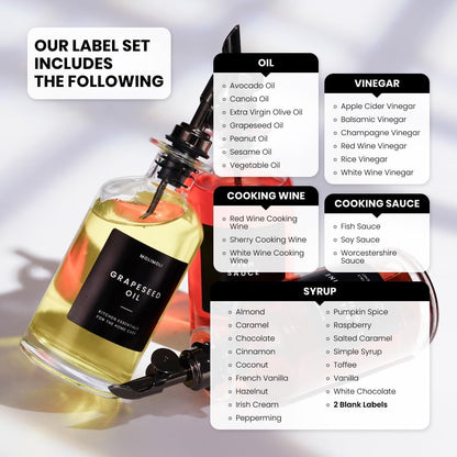 Molimoli Oil and Vinegar Dispenser with Metal Pour Spout, Weighted Pourer, Glass Bottle Dispenser for Kitchen w. Ceramic Tray|Black, 350ml, Set of 2