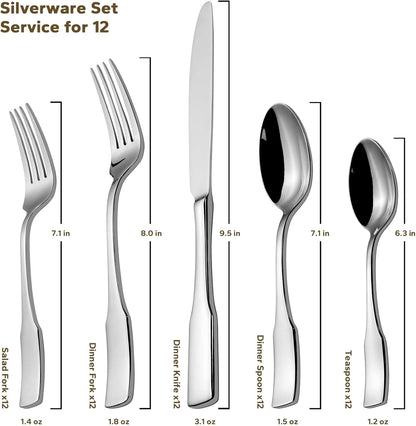 Alata Kate 65-Piece Silverware With Utensil-Serving Set, Service for 12, Stainless Steel Flatware, Mirror Polished Cutlery, Dishwasher Safe