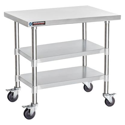 DuraSteel Stainless Steel Work Table 24" x 36" x 34" Height w/ 4 Caster Wheels - Food Prep Commercial Grade Worktable - NSF Certified - Good for Restaurant, Business, Warehouse, Home, Kitchen, Garage