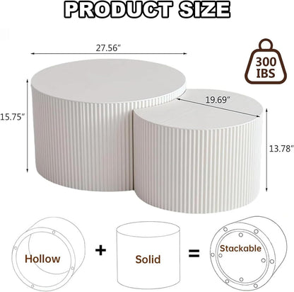 Nesting Coffee Table Set of 2 Modern Handcraft Fluted Coffee and End Table Sets Wooden Drum Small Round Side Table Minimalist Cream Center Tables for Living Room,No Assembly,Crescent Large