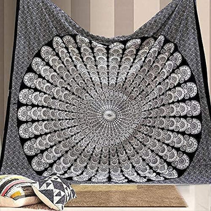 Bless International Handmade Indian hippie Bohemian Psychedelic Peacock Mandala Wall hanging College Dorm Beach Throws Table Cloth Bedding Tapestry (Black White, King(88x104Inches)(225x265Cms))