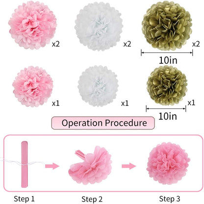 Pink Gold Party Decorations, Pink Gold Paper Lanterns and Pom Poms Flowers for Birthday Party Baby Showers Engagement Tea Party Decor 15PCS