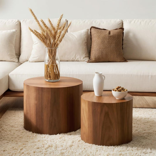 Nesting Coffee Table Set of 2, Modern Round Coffee Table with Non-Slip Feet, Walnut Wooden Circle
