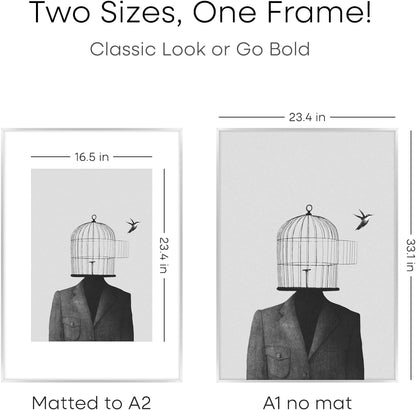 Homeforia A1 Poster Frame Silver, High End Metal A1 Large Picture Frame Silver with Mat A2 for Photo, 23.4x33.1 Frames Matted to 16.5x23.4 Print, 23.4 by 33.1 Frame, Tempered Glass, Wall Kit, Set of 1