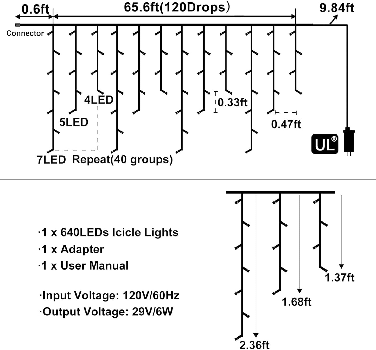 Colored Christmas Lights, 66ft 640 LED Icicle Lights for Outside House with Connectable Clear Wire 8 Modes Timer, Plug in Waterproof for Yard Tree Eaves Party Indoor Holiday Decoration, Multicolor