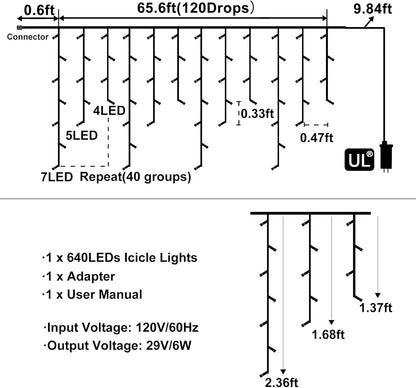 Colored Christmas Lights, 66ft 640 LED Icicle Lights for Outside House with Connectable Clear Wire 8 Modes Timer, Plug in Waterproof for Yard Tree Eaves Party Indoor Holiday Decoration, Multicolor