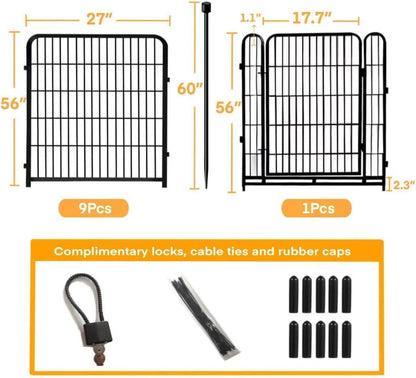 56in(H) Garden Fence, 10 Panels Total 22.1 Ft(L), Garden Fence with Low Threshold Gate, Anti Dig Fence Barrier, Fencing for Garden Beds, Black Metal Decorative Garden Fencing