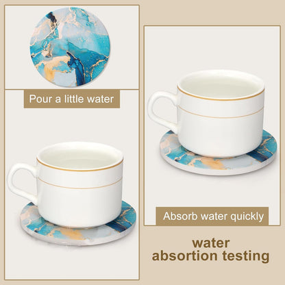 6 Pcs Light Blue Marble Abstract Ceramic Coasters with Holder Best Round Drink Absorbent Coasters for Desk, Lounge, Coffee, Wine, Beverage, Dining Table Decor, Bar Coaster Set