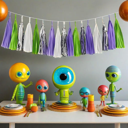 Tissue Paper Tassel Garland Banner, Purple Green Silver White, 20 PCS, Party Decorations for Birthday, Cartoon Themed Baby Shower,Sprot Game,Graduation