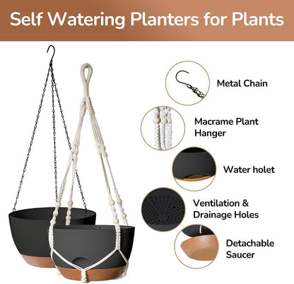 12 Inch Hanging Baskets for Plants Outdoor, Hanging Planters for Indoor Outdoor Plants, Hanging Planter with Self Watering, Hanging Flower Pots (Black Planter with Macrame + Iron Hangers)