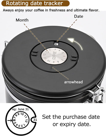 Coffee Canister Airtight Storage Container 1.8L Stainless Steel Air Tight Coffee Jar with Scoop, Date Tracker CO2 Release Valve for Dry Food, Beans, Ground, Tea, Flour, Cereal and Sugar (Silver)