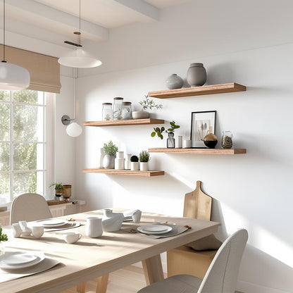 Light Wood Floating Shelves for Wall Rustic Wall Shelves for Bedroom Set of 6