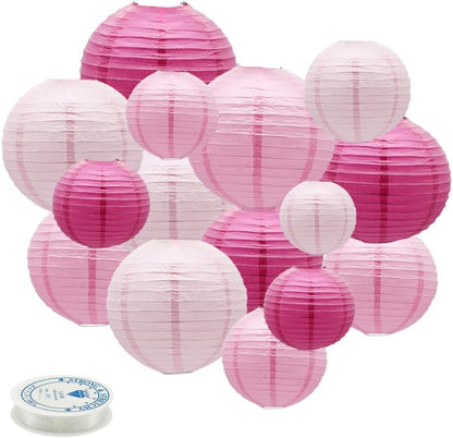 Round Chinese Paper Lanterns Decorative 15pcs Wedding Birthday Party Valentine's Day Baby Showers Decoration (Pink)