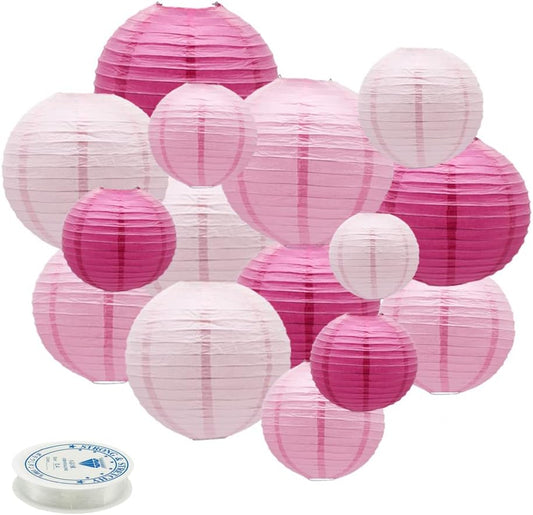 Round Chinese Paper Lanterns Decorative 15pcs Wedding Birthday Party Valentine's Day Baby Showers Decoration (Pink)
