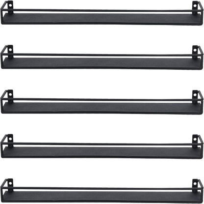 MyGift 16 Inch Wall Mounted Black Metal Nail Polish and Essential Oil Display Shelves, Kitchen Hanging Racks for Seasoning Shakers or Spice Jars, Set of 5