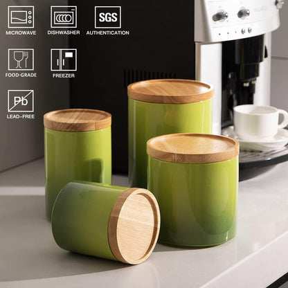 Sweejar Ceramic Food Storage Jar, Stackable Kitchen Canisters, Containers with Airtight Seal Wooden Lid for Serving Ground Coffee, Tea, Sugar, Salt and More - 16 Fl Oz (Gradient Green)