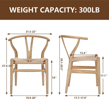 Wishbone Chair Natural Solid Wood Dining Chair/Hans Wegner Y Chair Rattan and Wood Accent Armrest Chairs Set of 2 (Ash Wood + Natural)