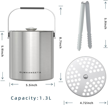 Small Ice Bucket with Lid and Tongs,1.3L Portable Mini Double Walled Ice Cube Bucket for Cocktail Bar Stainless Steel Cute Insulated Ice Buckets for Parties