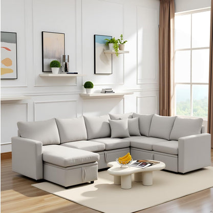 7 - Seater Sofa Bed, Large U - Shaped Modular Sectional Sofa, Oversized Pull - Out Sleeper with Storage for Living Room, Light Grey