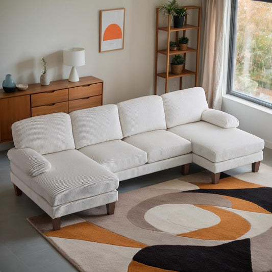 Karl home U-Shape Sectional Sofa Couch 111" Modern 4-Seat Sofa with Chaises Corduroy Fabric