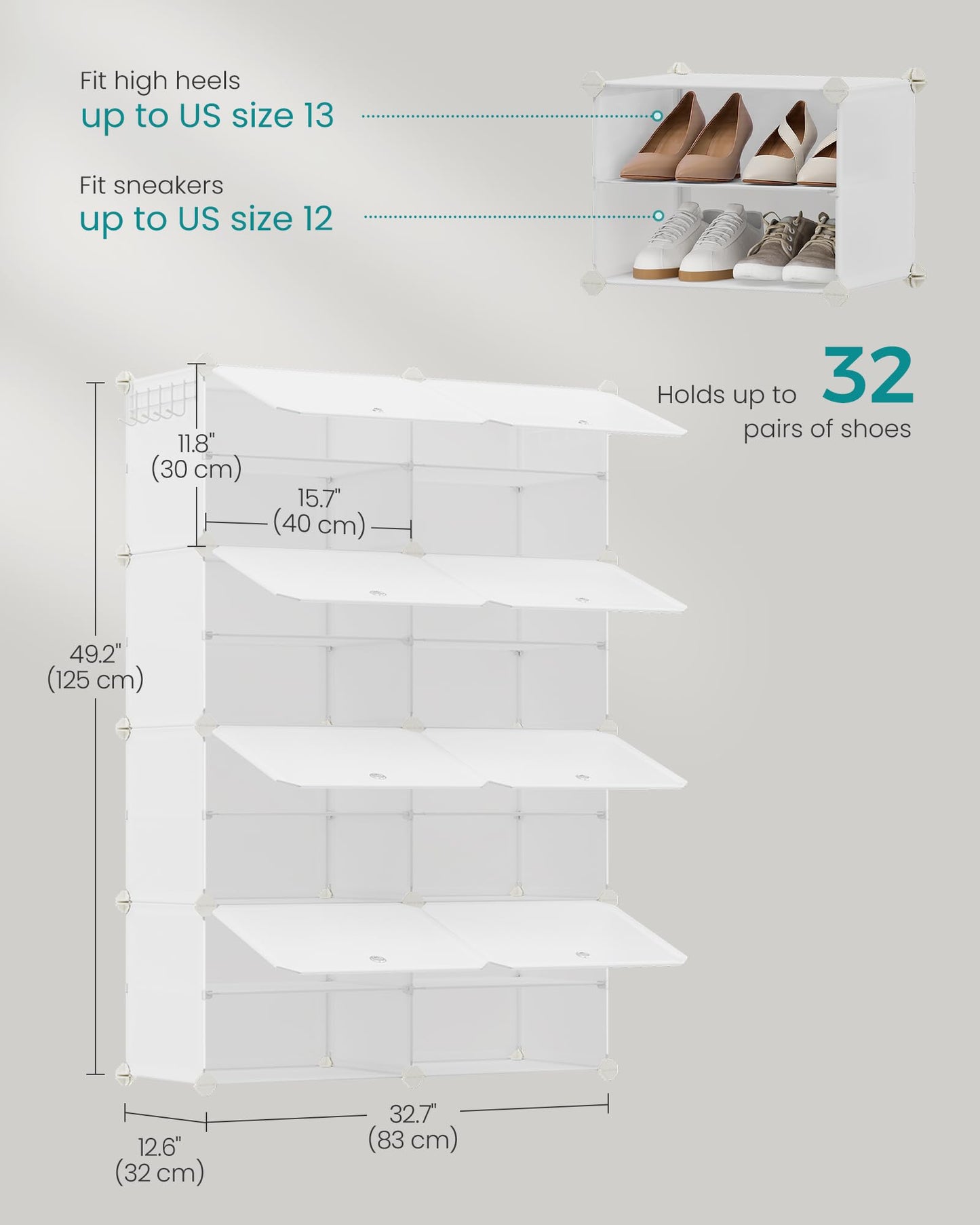 SONGMICS Shoe Rack Organizer, 8-Tier Shoe Storage Cabinet for Closet and Entryway, Holds 32 Pairs