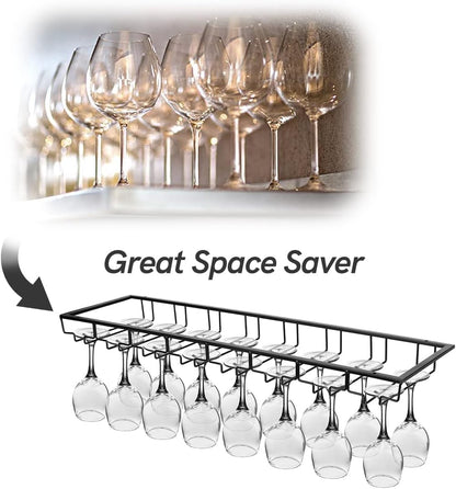 Xverycan Wine Glass Rack Under Cabinet, 8 Row Extreme Large Stemware Hanger, Metal Wine Goblet Holder, DIY Bar Glass Storage Rack for Bar Counter, Kitchen, Screws Included (Black)