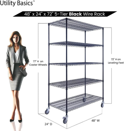 48"x24"x72" Black 5-Tier Premium Wire Shelving NSF 4000 LBS MAX Capacity Heavy Duty Steel Storage Rack for Warehouses, Garages, Hospitals, Commercial Spaces, & Schools w/Premium Wheels