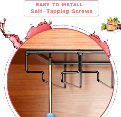 Wine Glass Rack - Under Cabinet Stemware Wine Glass Holder Glasses Storage Hanger Metal Organizer for Bar Kitchen Brown