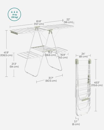 SONGMICS Clothes Drying Rack, Foldable 2-Level Laundry Drying Rack, Free-Standing Laundry Airer, with Height-Adjustable Wings, 33 Drying Rails, Sock Clips, White and Green ULLR053C01V1