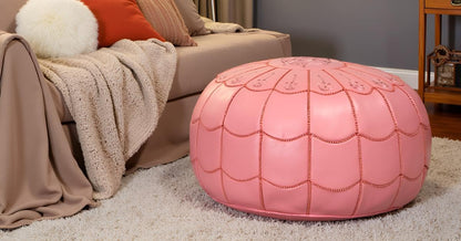 Stuffed Arch Design Moroccan Leather Pouf Ottoman, Handmade, Pre-Filled, 100% Genuine Leather, 14” Height x 22” Diameter – Boho Chic Footstool & Living Room Décor (Pink)