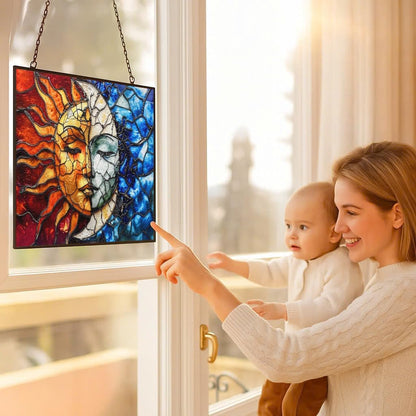 Rectangle Sun and Moon Stained Glass Suncatcher Window Hangings, Suncatchers Colorful Glass Panel Sun Catchers Gifts, Decoration for Home Garden Christmas Party Wedding