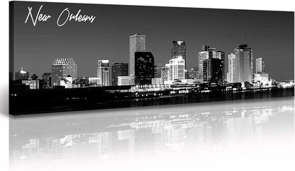DJSYLIFE New Orlean Canvas Wall Art Decor City Skyline Pictures Poster Artwork Black and White Panorama Cityscape Painting for Bedroom Office Living Room Decoration Ready to Hang 13.8"X47.3"