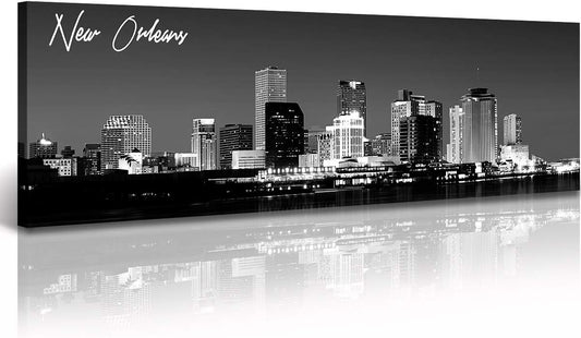 DJSYLIFE New Orlean Canvas Wall Art Decor City Skyline Pictures Poster Artwork Black and White Panorama Cityscape Painting for Bedroom Office Living Room Decoration Ready to Hang 13.8"X47.3"