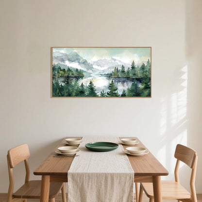 Celestdeco Watercolor Mountain Framed Canvas Wall Art Set, Boho Forest Wall Decor, Nature Green Pines Wall Painting, Forest Wilderness Artwork for Living Room, Bedroom, Dining Room, Office - 20"x40"x1