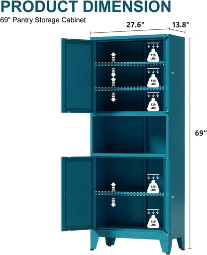 69" Tall Kitchen Pantry Cabinet, Metal Storage Cabinet with 4 Doors and Adjustbale Shelves, Freestanding Cupboards for Dining Room, Living Room, Bathroom