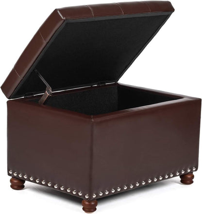 Leather Storage Ottoman Bench Foot Rest Stool with Nailhead Trim (Dark Brown - Button Tufted Leather)