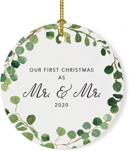Andaz Press Custom Year Round Ceramic Porcelain Christmas Tree Ornament Keepsake Collectible Gift, Our First Christmas as Mr. & Mr. 2025, Farmhouse Eucalyptus Wreath, 1-PackGay Couple