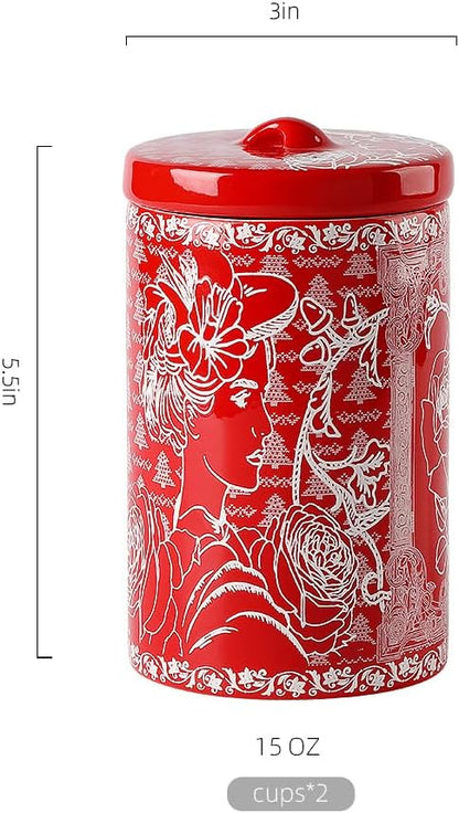Porlien Lady Porcelain 15-ounce Canisters Set of 2, Food Storage Containers with Lid for Coffee Beans, Tea, Condiments & Nuts, Gifts for Mothers'Day, Thanksgiving, Christmas, Valentine’s Day