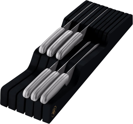 In-Drawer Knife Block - Bamboo Knife Drawer Organizer for Kitchen - Fits 5 Long + 6 Short Knives | Store Knives with Blades Pointing Down - Wooden Steak knife Holder without Knives (Black)
