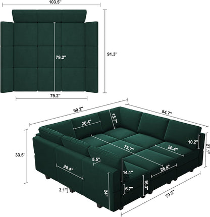 Belffin Modular Sectional Sofa with Ottomans Velvet Reversible Sleeper Sectional Sofa with Chaise Modular Sleeper Sofa Bed with Storage Seat Green