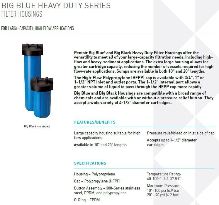 Pentair Pentek 150235 Big Blue Filter Housing, 1 1/2" NPT #20 Whole House Heavy Duty Water Filter Housing with High-Flow Polypropylene (HFPP) Cap and Pressure Relief Button, 20-Inch, Black/Blue