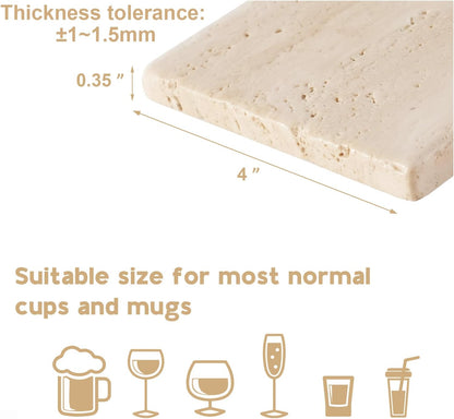 BCS Square Marble Coasters Set of 6 with Holder - Premium Travertine Drink Coasters for Coffee Table, Durable Cup Mats for Wine, Beer, Cocktails - Elegant Home & Bar Decor