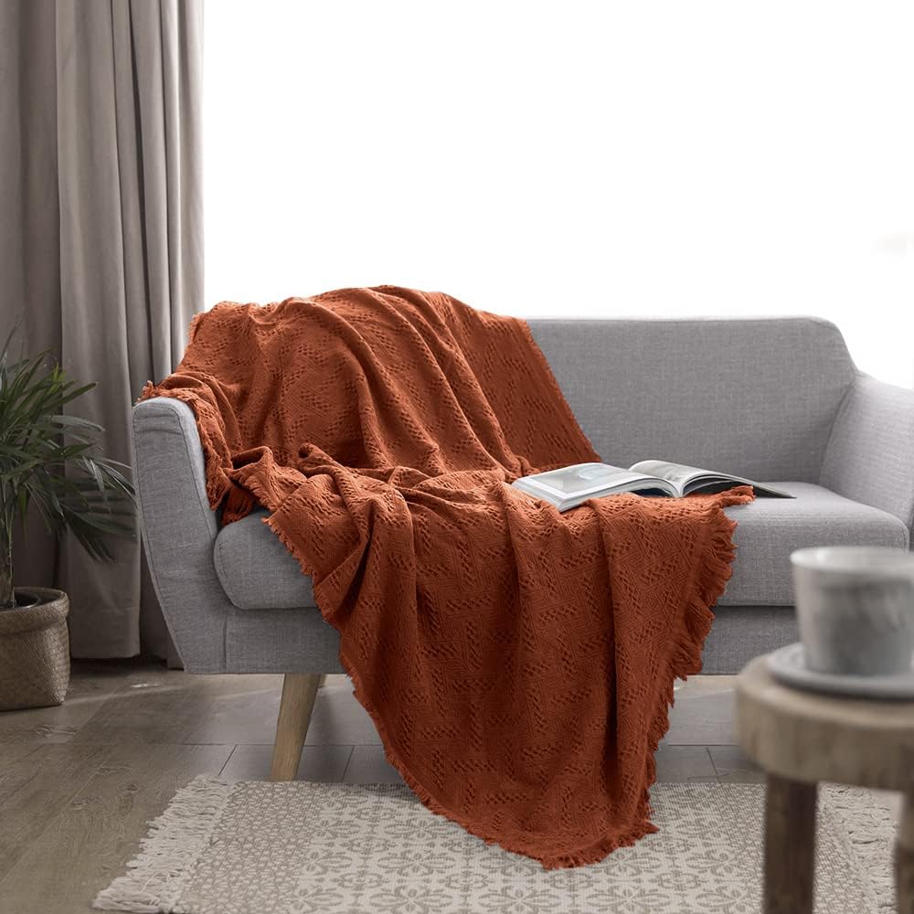 Simple&Opulence 100% Cotton Throw Blanket for Bed, Couch, Boho Luxury Geometric Woven Blanket with Tassels Soft Lightweight Cozy Breathable, Vintage Farmhouse Decoration for All-Season(Rust Orange)